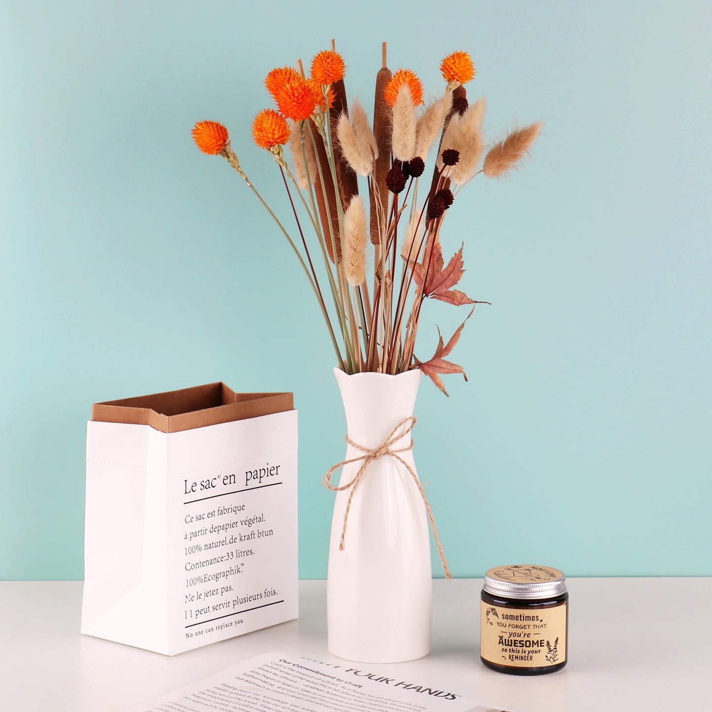 MIHUAGE Dried Globe Amaranth Flower with Wheat Straw Natural - 40PCS Bouquet for Vase Home Decor Party DIY Arrangement (Orange)