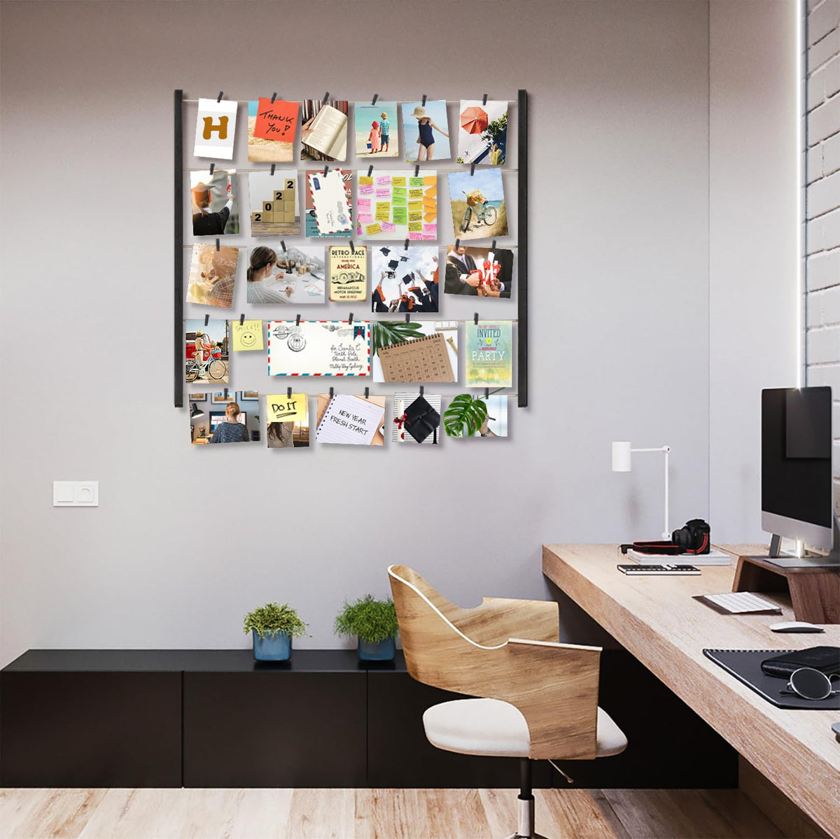 Love-KANKEI Wood Picture Frame Collage Photo Display Frame 26×29 inch with 30 Clips and Adjustable Twines Collage Artworks Prints Pictures Organizer Gift Black