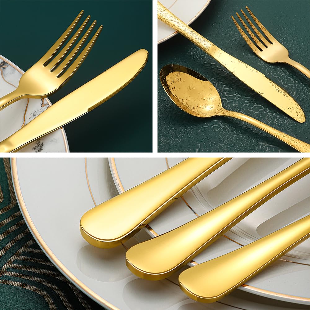 Gold Silverware Set for 12, Compralo 60 Pieces Stainless Steel Shiny Gold Flatware Set, Cutlery Tableware Set Include Spoons, Forks, Knives for Home and Restaurant