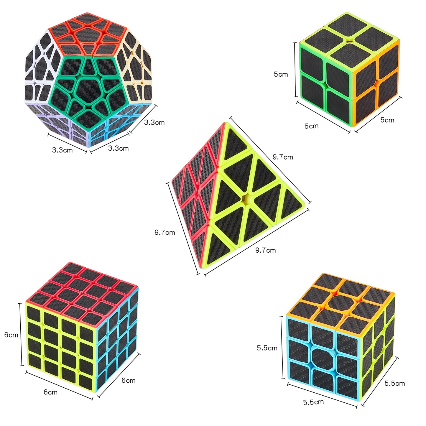 Coolzon Speed Cube Set 5 Pack Magic Puzzle Cubes Pyraminx Pyramid + Megaminx + 2x2x2 + 3x3x3 + 4x4x4 Cube Toys with Carbon Fiber Sticker for Kids Adults