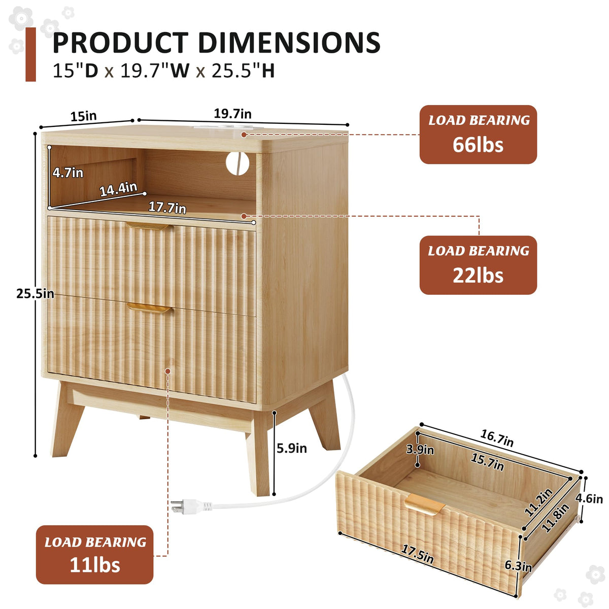 LYNCOHOME Fluted Nightstand with Charging Station, 19.7 inch Wide End Table with 2 Drawers, Modern Wood Bedside Table for Bedroom,Natural,1 Pcs