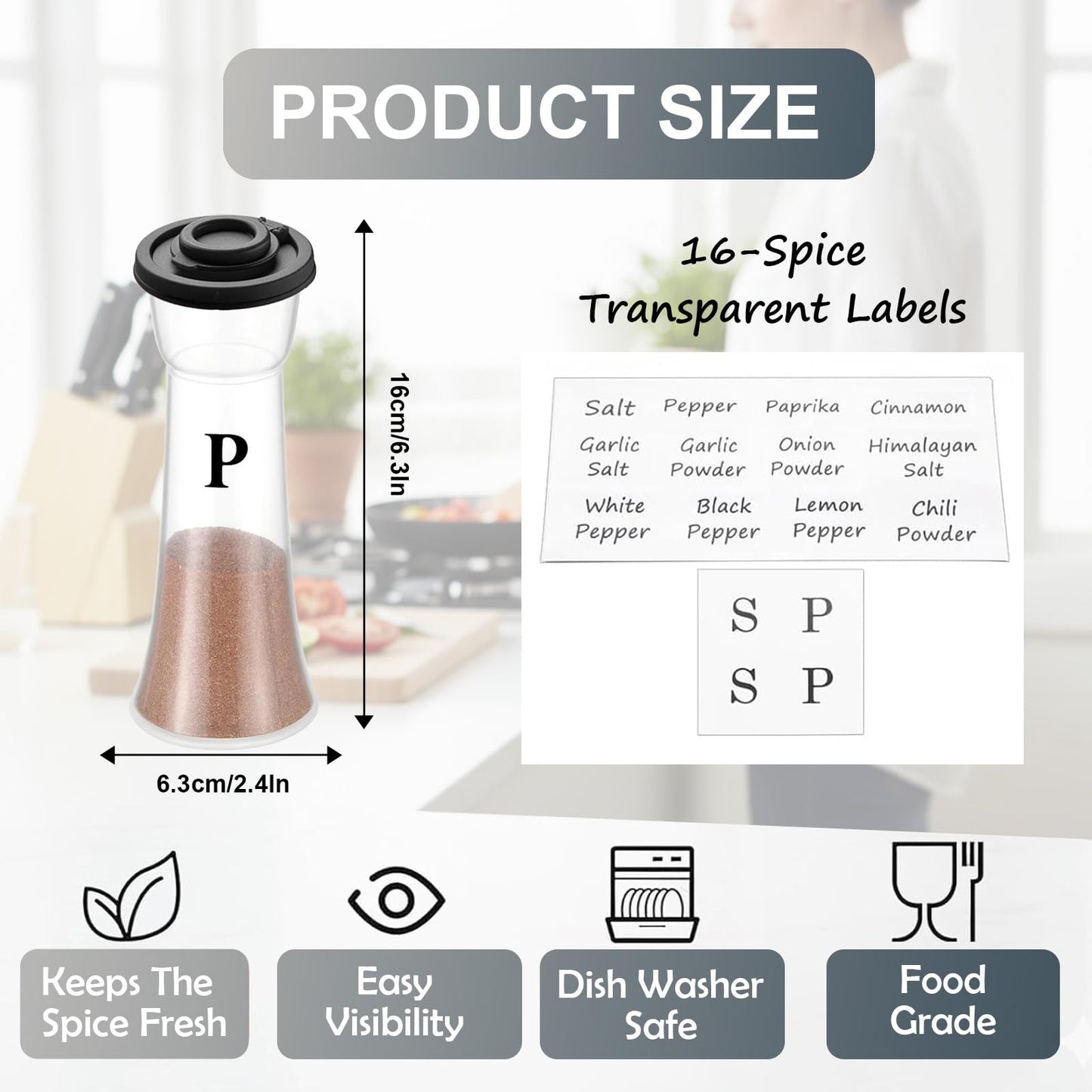 CEILUPY Salt and Pepper Shakers Set of 2, Large Clear Plastic Hourglass Shakers with 16 Pre-Printed Spice Labels, Moisture Proof Lids for Kitchen, Camping, Travel & Outdoor (Black & White)