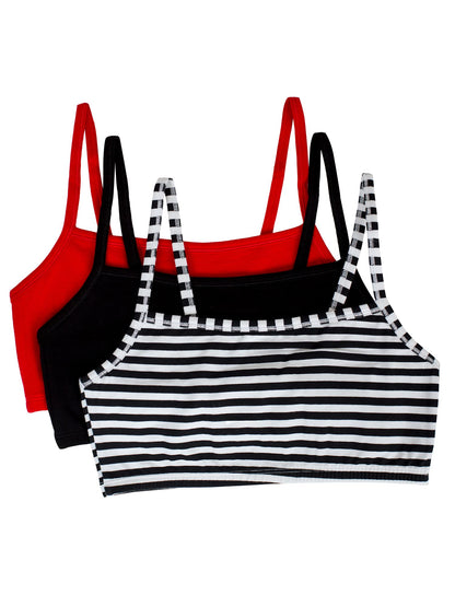 Fruit of The Loom Womens Spaghetti Strap Cotton Pull Over 3 Pack Sports Bra, Skinny Stripe/Black Hue/Red Hot, 38