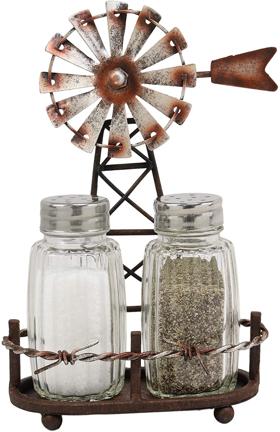 Ebros 6.5"Tall Rustic Country Farm Agricultural Windmill Outpost Salt And Pepper Shakers Holder Display Stand Set Western Kitchen Dining Home Decor Centerpiece In Aged Bronze Finish