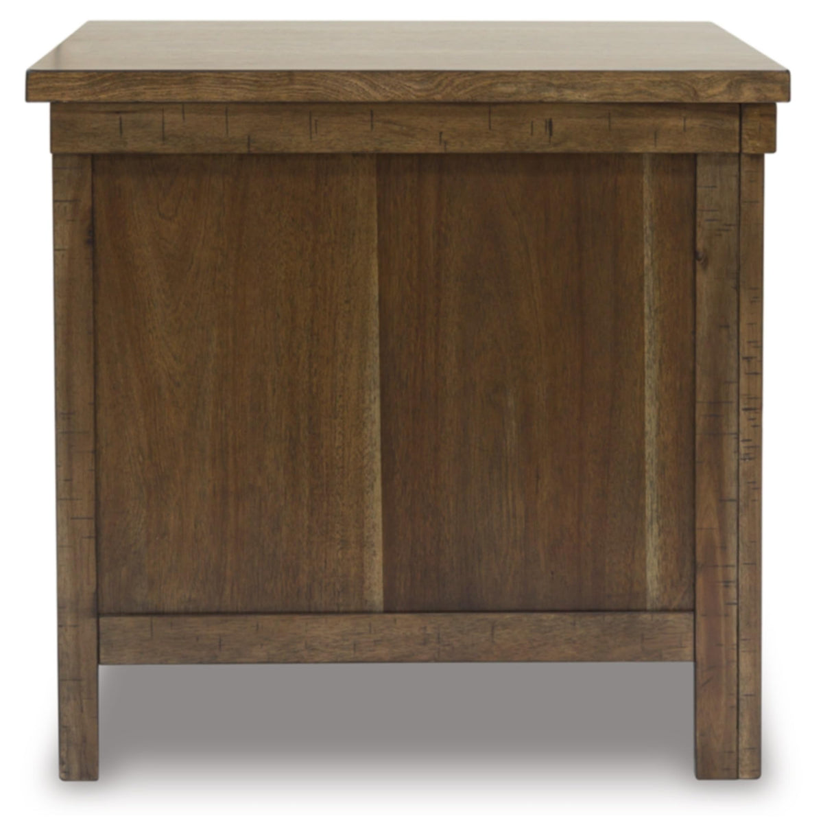 Signature Design by Ashley Moriville Rustic Farmhouse Rectangular End Table with Dual Cabinet Doors, Antique Bronze-Tone Hardware, Wood, 25" High, Brown