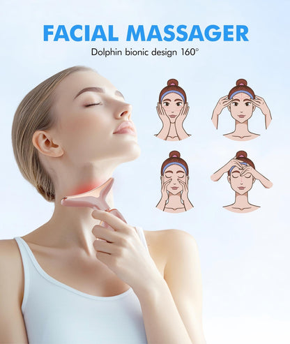 Red-Light-Therapy-for-Face-and-Neck, 7 Color Face Massager Tool for Wrinkles, Double Chin, Vibrating Facial Massager with Thermals for Skin Care, Glossy Pink
