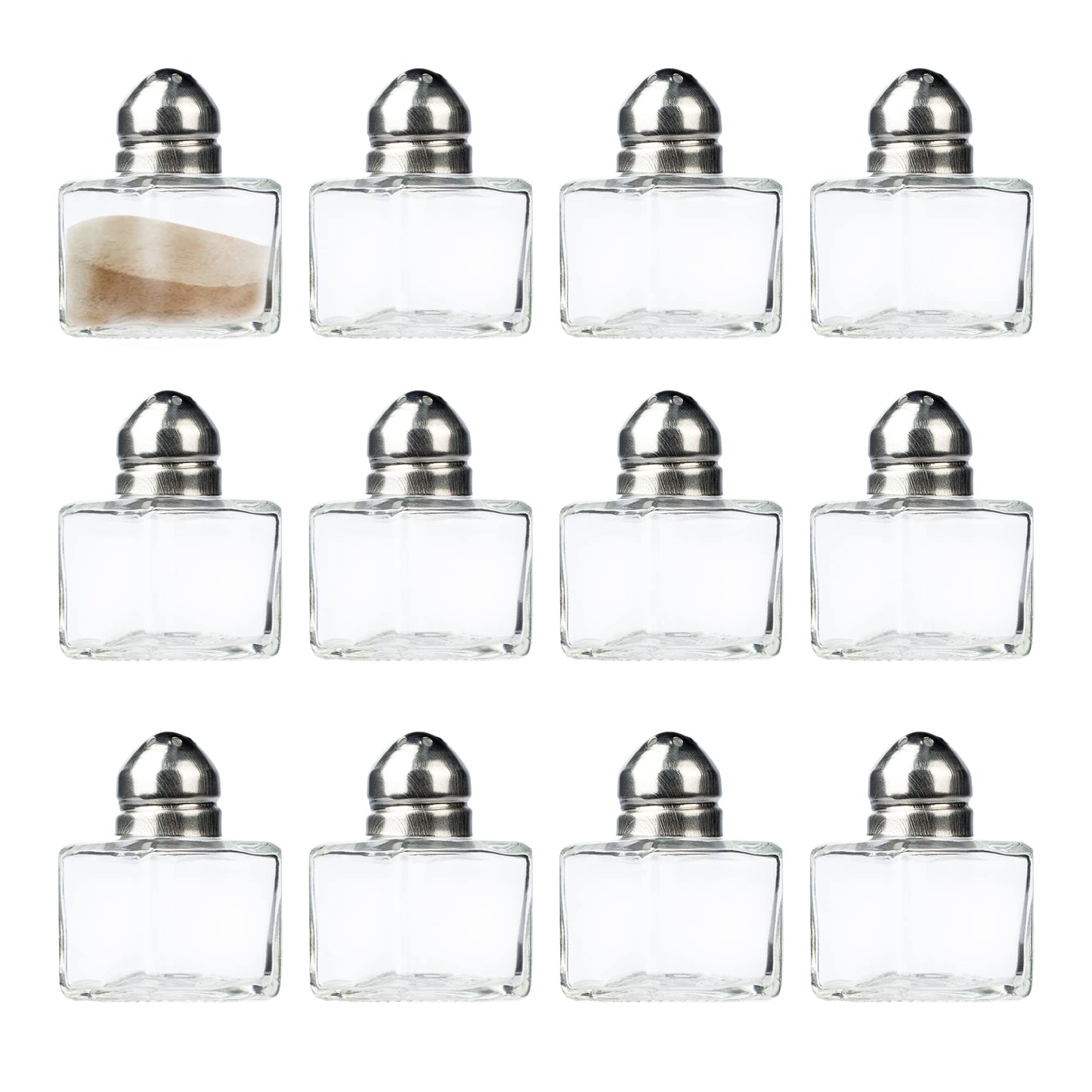 Set of 12 Mini Salt & Pepper Shakers,Spices Seasonings Jar Transparent Stainless Steel Top Glass Jars Party Supplies (Square)