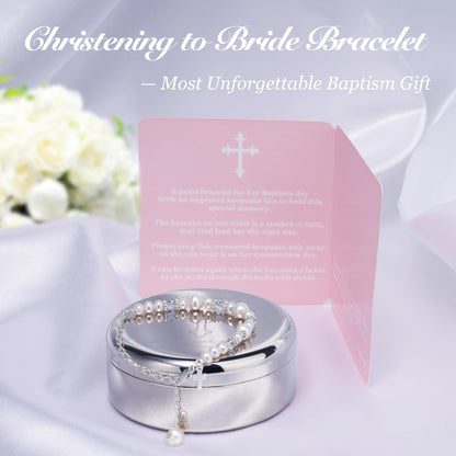 Tryuunion Baptism Bracelet in Sterling Silver and Cultured Pearls for Baby Girls, with Silver-plated Jewelry Keepsake Box, Great Catholic Christening and Baptism Gifts for Girl