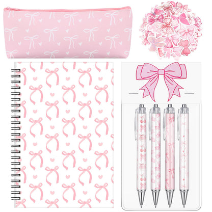 Sayglossy Pink Bow Stationery Gift Coquette School Supplies Set Include Pens Aesthetic Journal Notebook Pencil Case and Stickers Pink Bow Preppy Back to School Supplies for Girl Students