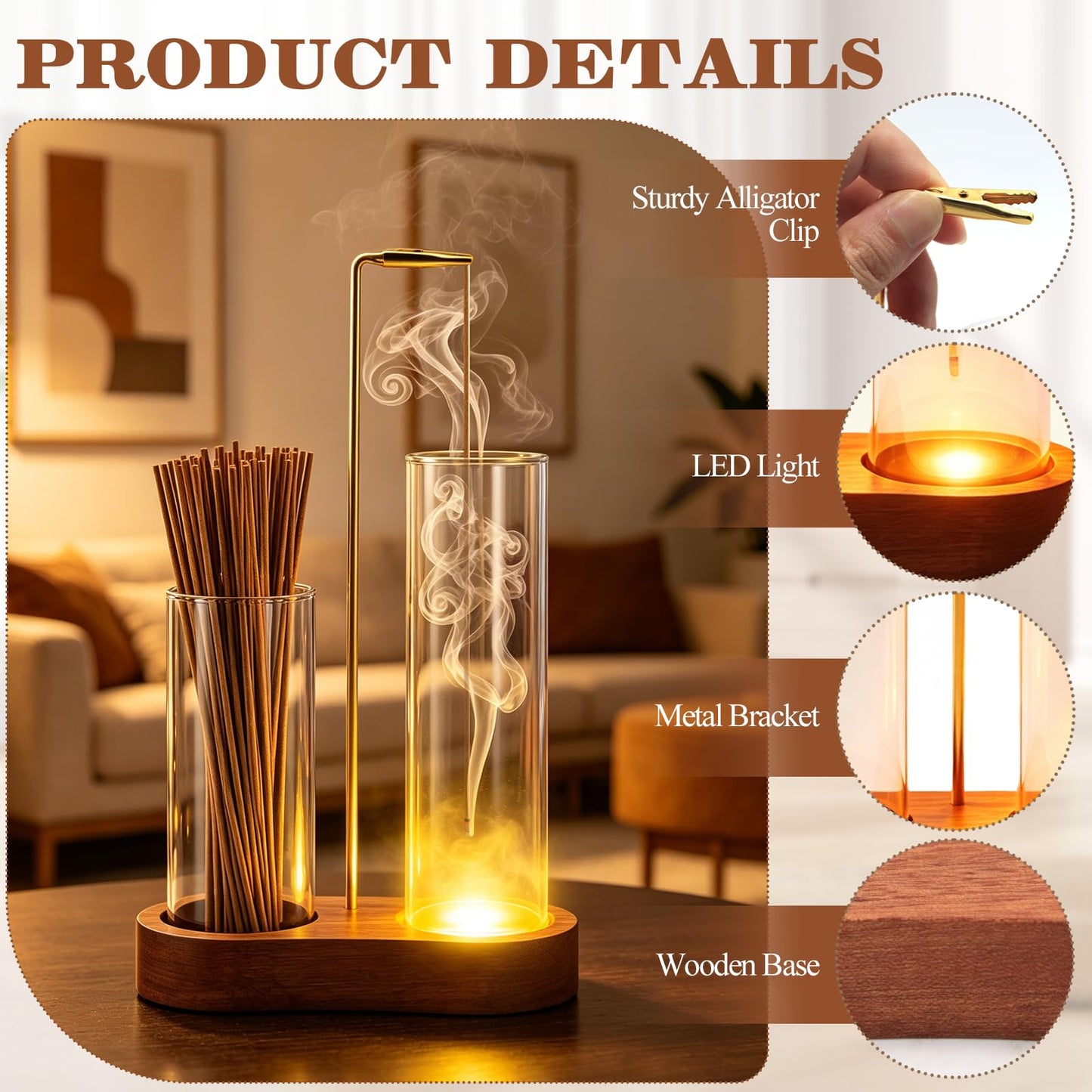 2 in 1 Glowing Incense Holder for Sticks with Ash Catcher and Adjustable Ambient Lighting, Alligator Clip-on Incense Burner Holder with More Secure Hold, Suitable for Yoga, Meditation, Home Decor