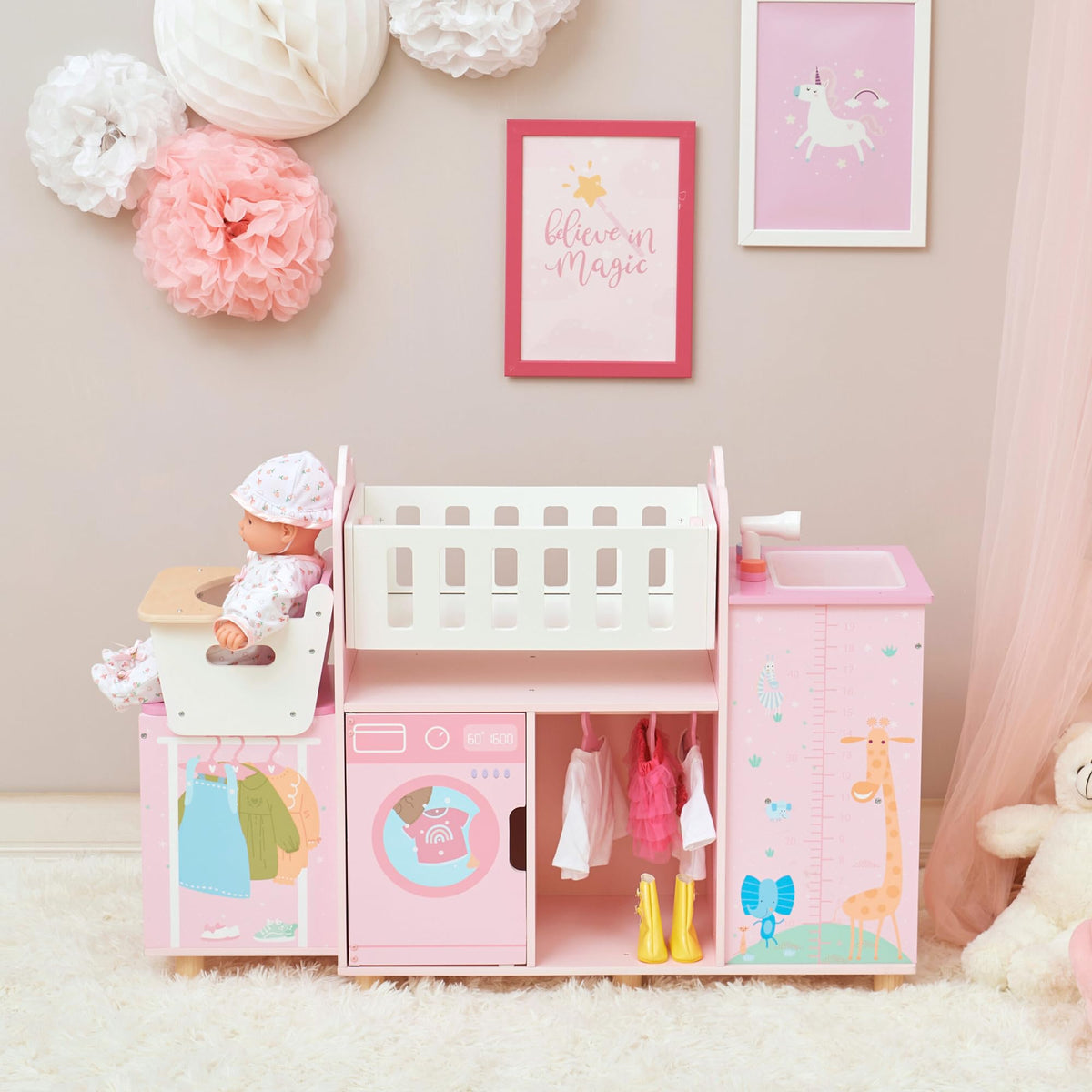 Olivia's Little World Amanda 6-in-1 Wooden Doll Nursery Station, Pink/Multi
