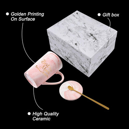 YHRJWN Best Dad and Mom Marble Ever Coffee Mug Set - with Gift Box Coaster Spoon for Christmas Birthday Parent Gift from Daughter Son 14 Oz Each