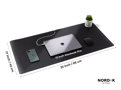 Nordik Leather Desk Mat Cable Organizer - Pebble Black 35 X 17 inch - Premium Mouse Mat - Felt Vegan Leather Desk Pad Protector - Desk Blotter Matt Keyboard - Large Desk Matt for Desktop Computer