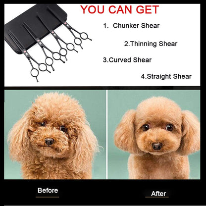 Dream Reach Professional 7.0 Inches Dog Grooming Scissors Kit Cutting Curved Scissors Thinning Shears Grooming Comb Pet Hair Trimming Scissors Set for Dogs and Cats (4-Set Blunt Tip)