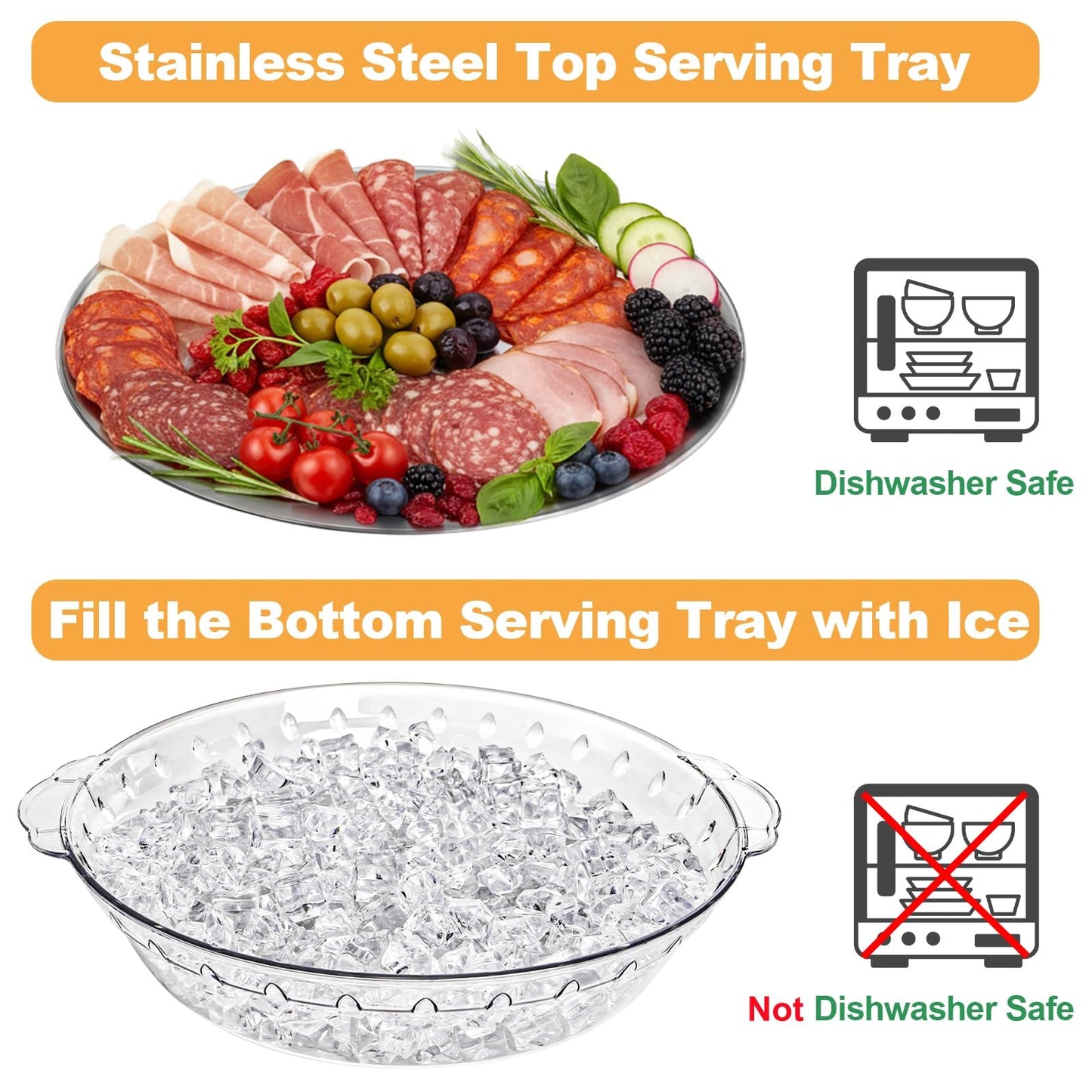 DEAYOU 3 Set 11.8" Chilled Serving Tray for Parties, Round Shrimp Cocktail Serving Dish with Ice Compartment, Ice Serving Bowl Cold Platter for Appetizer, Fruit, Veggie, Salad, Buffet, Keep Food Cold