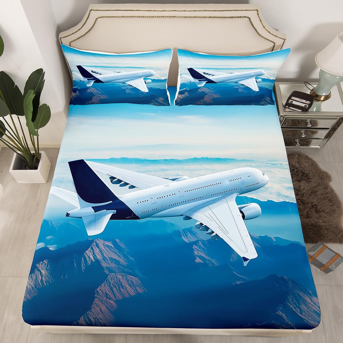 Feelyou 3D Aircraft Bedding Set Airplane Print Bed Sheet Set for Kids Boys Girls Teens Blue Sky Flying Plane Lightweight Microfiber Fitted Sheet Bedroom Decor 3Pcs Bed Cover Full Size