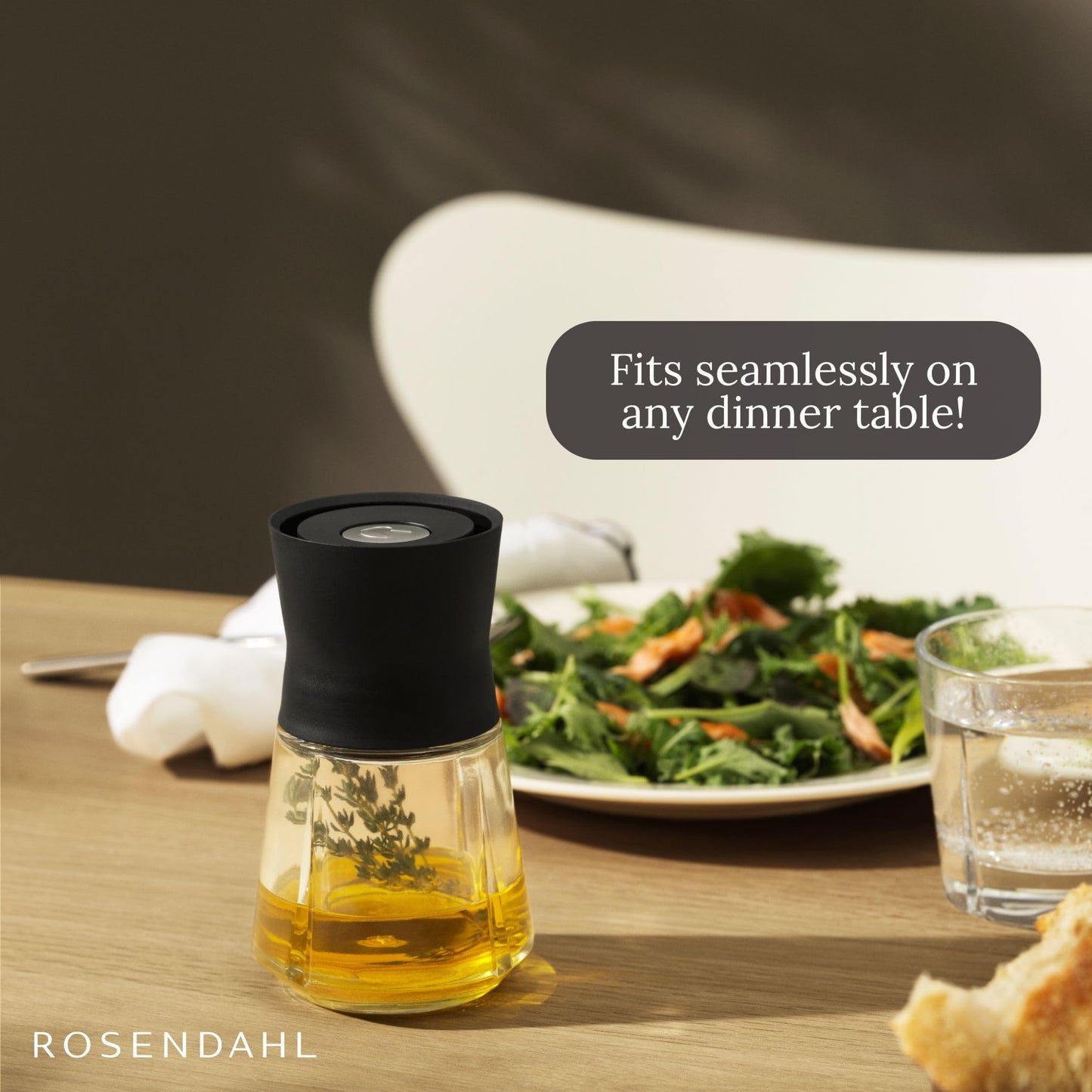 Rosendahl Grand Cru 8.5 Oz Dressing Shaker - Elegant Black Glass Container with Push-Button Lid, 360-Degree Spout for Easy Pouring, Leak-Proof, Multifunctional Kitchen Essential for Homemade Dressings