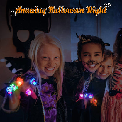 NPET 50Pcs Halloween Treats Light Up LED Rings, Non Candy Halloween Trick or Treats 3D Flashing Rings Toys Glow In the Dark Halloween Party Favor Ring Toy Gifts For Kids Adults Goodie Bag Stuffers