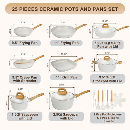EWFEN Nonstick Pots and Pans Set, 25-Piece Ceramic Cookware Set, Induction Kitchen Cooking Set with Frying Pans Saucepans & Utensils, Healthy Non-toxic, PFAS/PTFE/PFOA Free, White