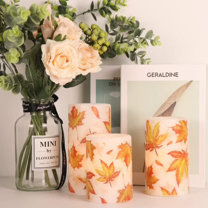 GenSwin Maple Leaf Flickering Flameless Candles Battery Operated with 6 Hours Timer, Real Wax Led Pillar LED Candles Christms Wedding Decoration