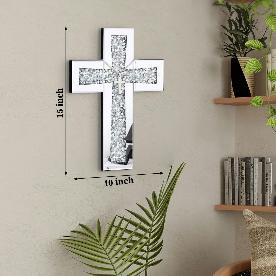 Aeveco Cross Wall Decor, Silver Mirrored Cross for Living Room, Crystal Crush Diamond Mirror Crosses, Religious Wall Art, Home Decor