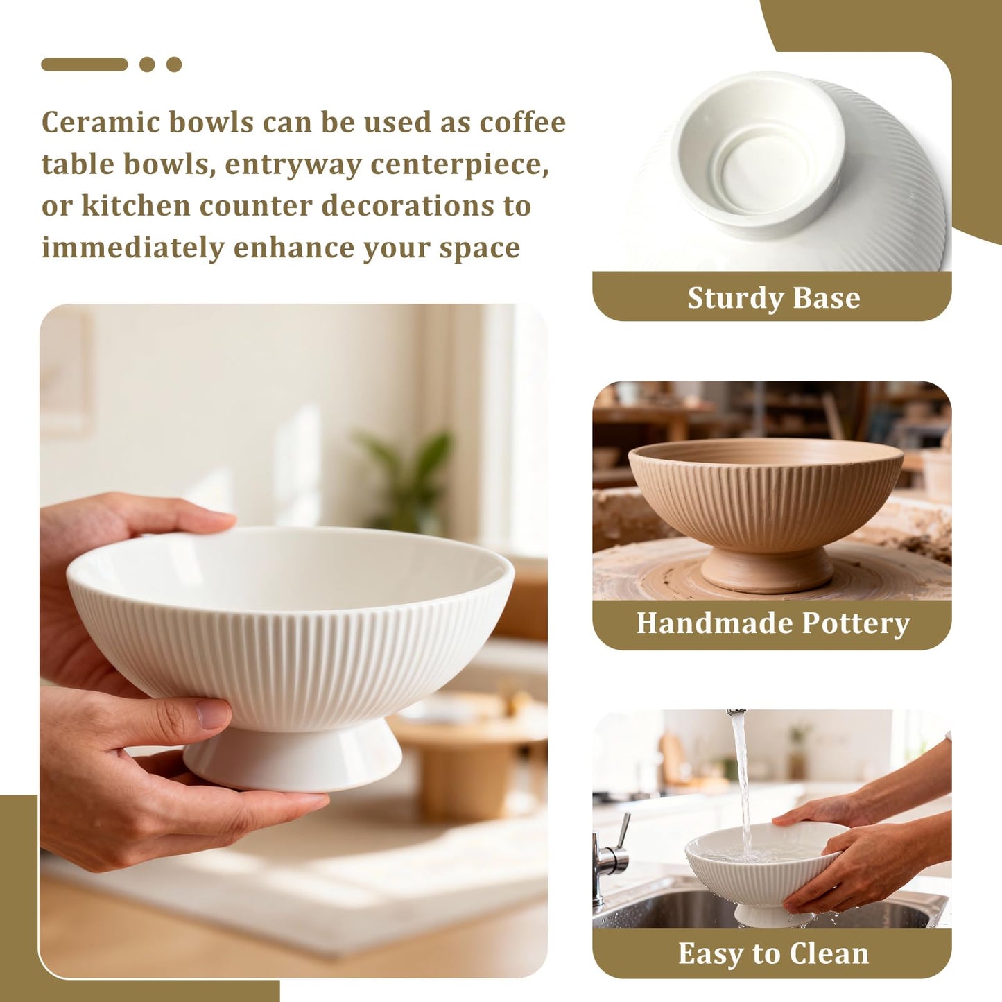 Gutedeal Small Decorative Bowl 8 Inch Multi-Use White Ceramic Fruit & Key Bowl for Kitchen, Entryway, Centerpiece Modern Handcrafted Home Decor Pedestal Bowl & Wedding Gift