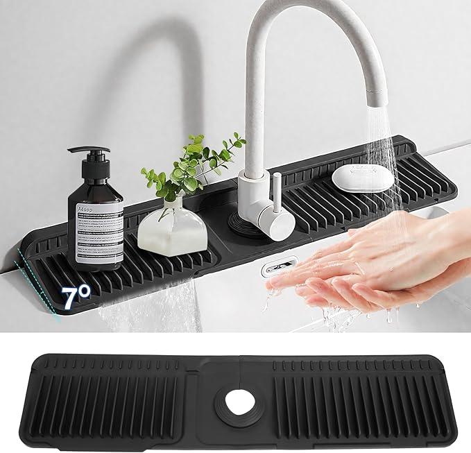 24"Longer Silicone Faucet Mat For Kitchen Sink Splash Guard -7° Slope Snap