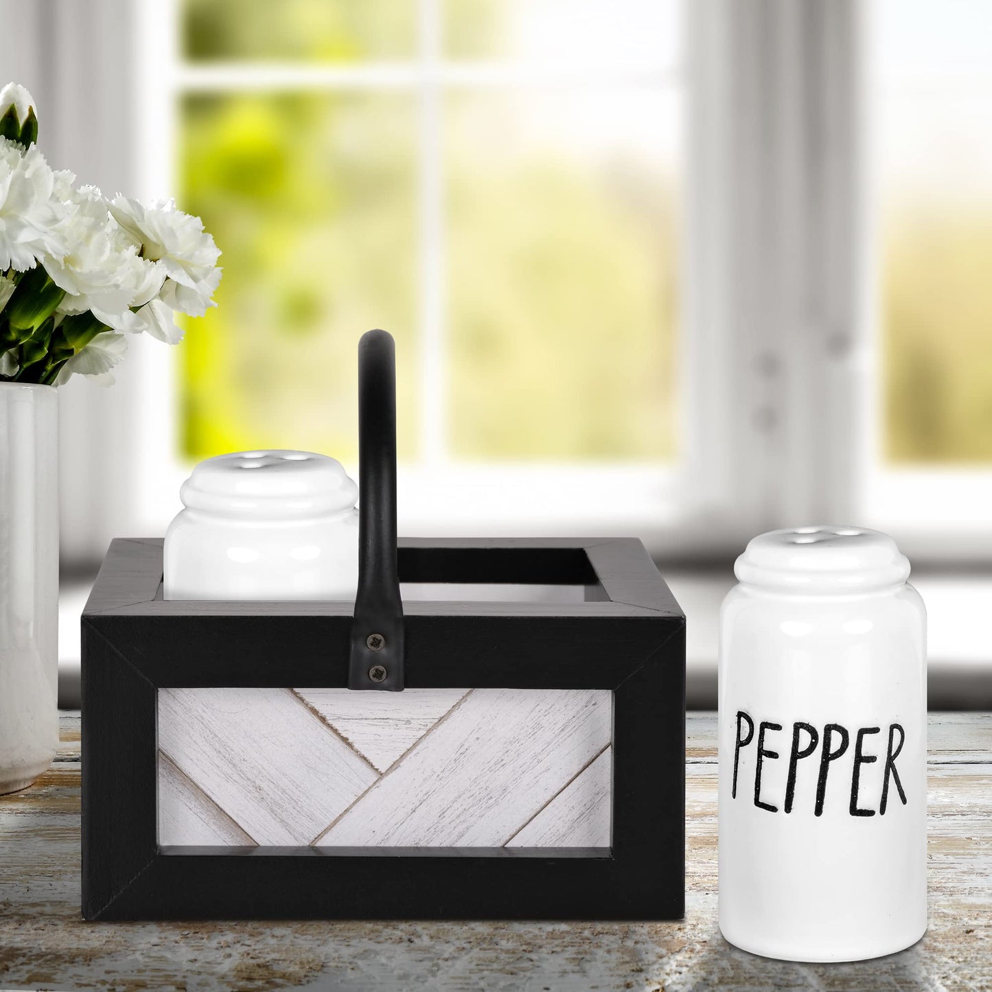 Autumn Alley Farmhouse Salt and Pepper Shakers Set for Kitchen Counter – Striking Black and White Salt and Pepper Shakers Set with Holder – Unique Shiplap Design for Farmhouse Kitchen Decor