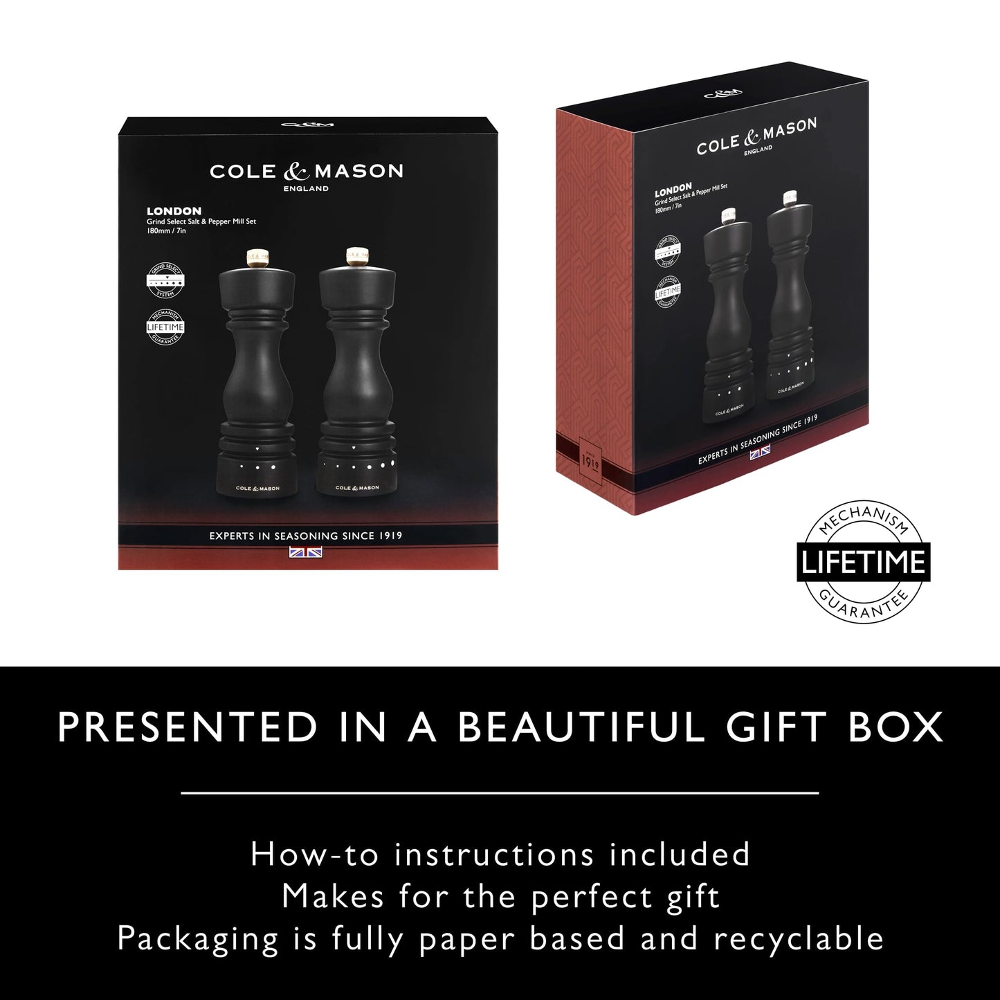 Cole & Mason London Salt and Pepper Mill Gift Set, Grind Select Adjustable Coarseness, Chocolate Wood, 180mm, Refillable Manual Grinder