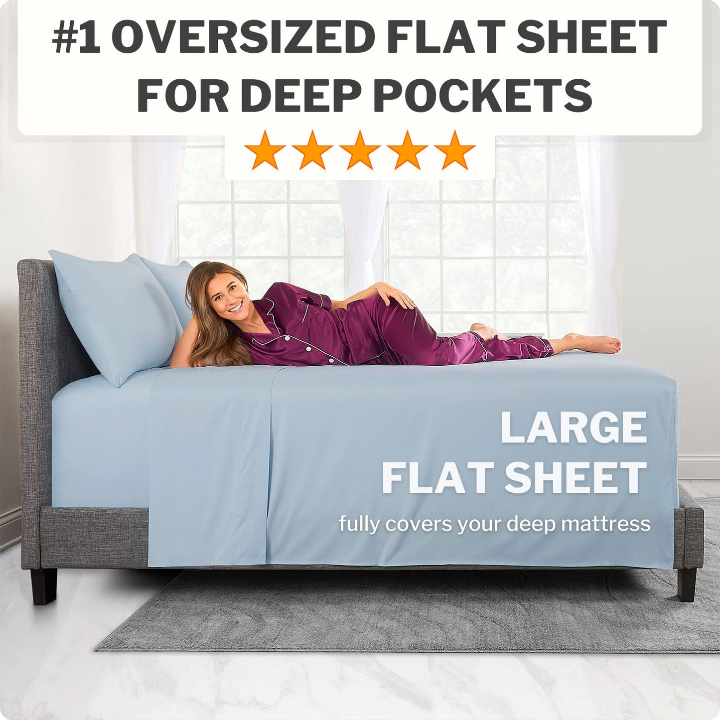 Extra Deep Pocket King Bed-Sheets – 4-Piece Includes: 18”-21” Inch Super Extra Deep Pocket Fitted Sheet – Oversize Flat Sheet – 2 Zipper Closure Pillowcases – Perfectly Fit – King Size – Light Blue