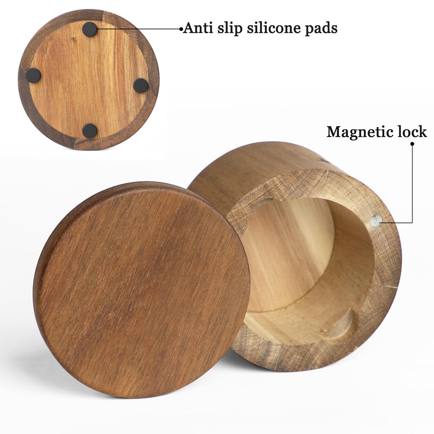 Acacia Wood Spice Box with Swivel Lid and Built-in Spoon for Kitchen Countertop, Farmhouse Kitchen Decoror for Storing Salt, Peppers, Sugar or Seasonings (Labeled “SALT”)