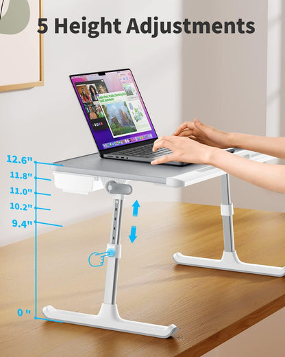 SAIJI Laptop Bed Tray Table - 23.6" x 13" Adjustable Portable Standing Desk with Storage Drawer, Foldable Lap Desk Fits 17" Laptop, PVC Leather for Couch Sofa (Gray)