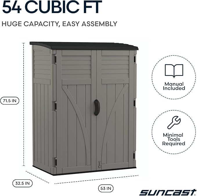 Suncast Outdoor Storage Cabinet Waterproof Resin Vertical Outdoor Storage Shed (54 cu. ft.) for Patio, Garden Tools, Cushions, & Equipment. Weatherproof Plastic Multi-Wall Design, Capacity Made in USA
