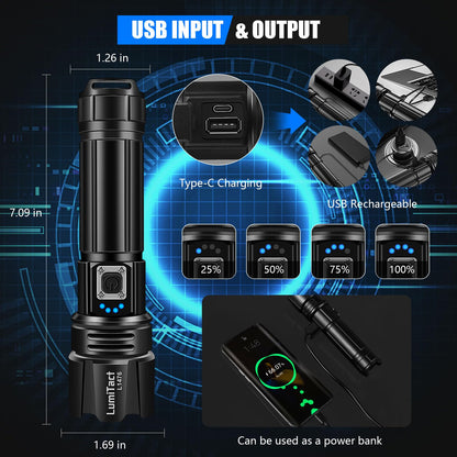 Torches LED Super Bright Rechargeable - 500000 Lumens Powerful Torch XHP70.2 Tactical Flashlight with Holster, 5 Modes & Zoomable Flash Light IP67 Waterproof for Camping Hiking Emergency Dog Walking