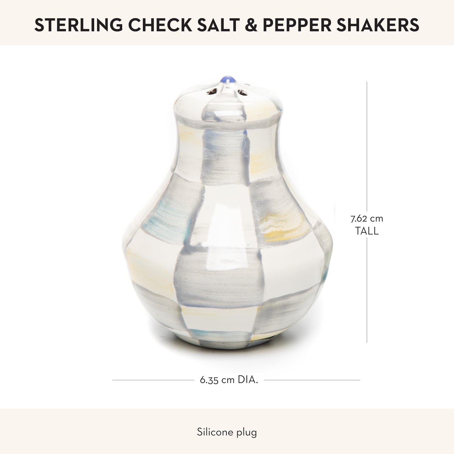MACKENZIE-CHILDS Enamel Salt and Pepper Shakers, Farmhouse Kitchen Decor and Accessories, Small, Gray-and-White Sterling Check