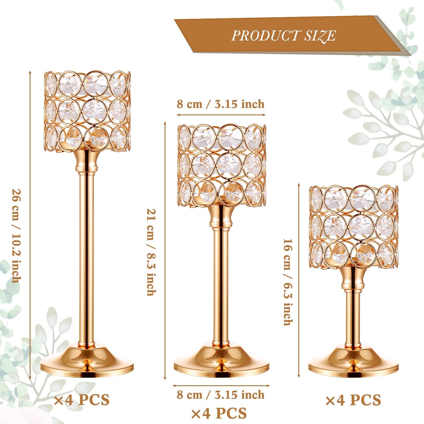 Mumufy 12 Pieces Crystal Candle Holders Set 3 Sizes Tall Crystal Wedding Candlestick Holders Pillar Candelabra Stand for Table Centerpieces for Christmas Party Wedding Dining Decoration (Gold)