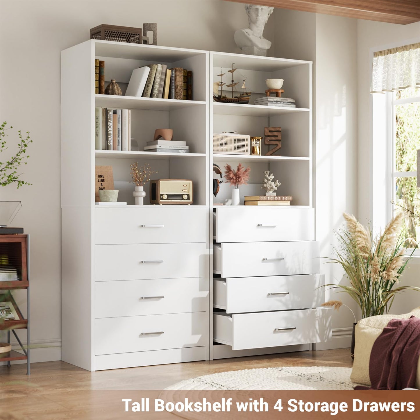 Aheaplus Closet Drawers Organizer System, 21.3" Wood Closet System with 4 Drawers, Modular Walk-in Closets Storage Unit, Tall Bookshelf Storage Cabinet, White22