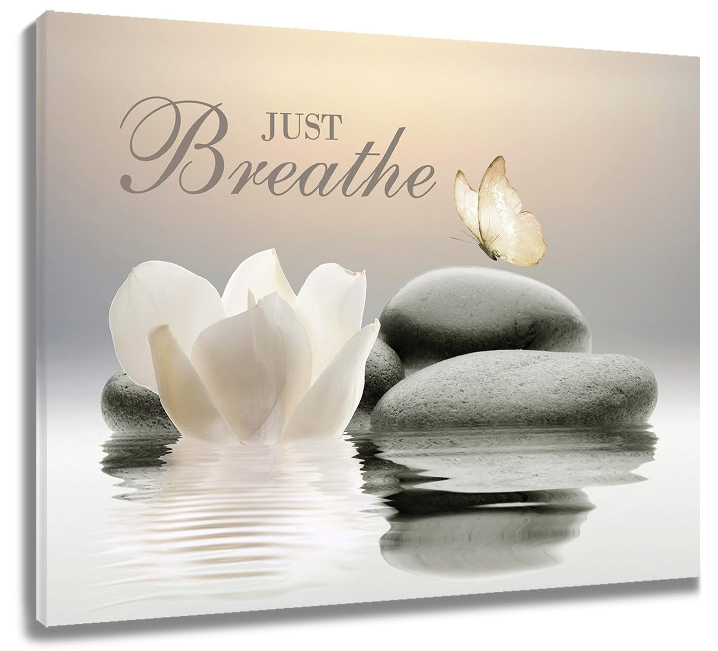 EOBTAIN Zen Flower Canvas Wall Art Bathroom Butterfly and Water Lily Stone Relaxing Spiritual Yoga Framed Wall Art Just Breathe Pictures Canvas Wall Decor for Living Room Bedroom,12x16 Inches