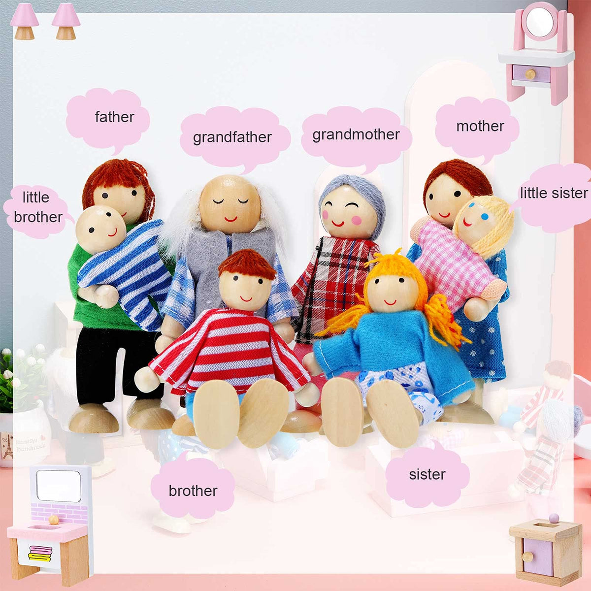 Sumind 30 Pcs Wooden Dollhouse Furniture Dollhouse Family Set of 8 Mini People Figures Dollhouse Accessories for Miniature Imaginative Play Toy
