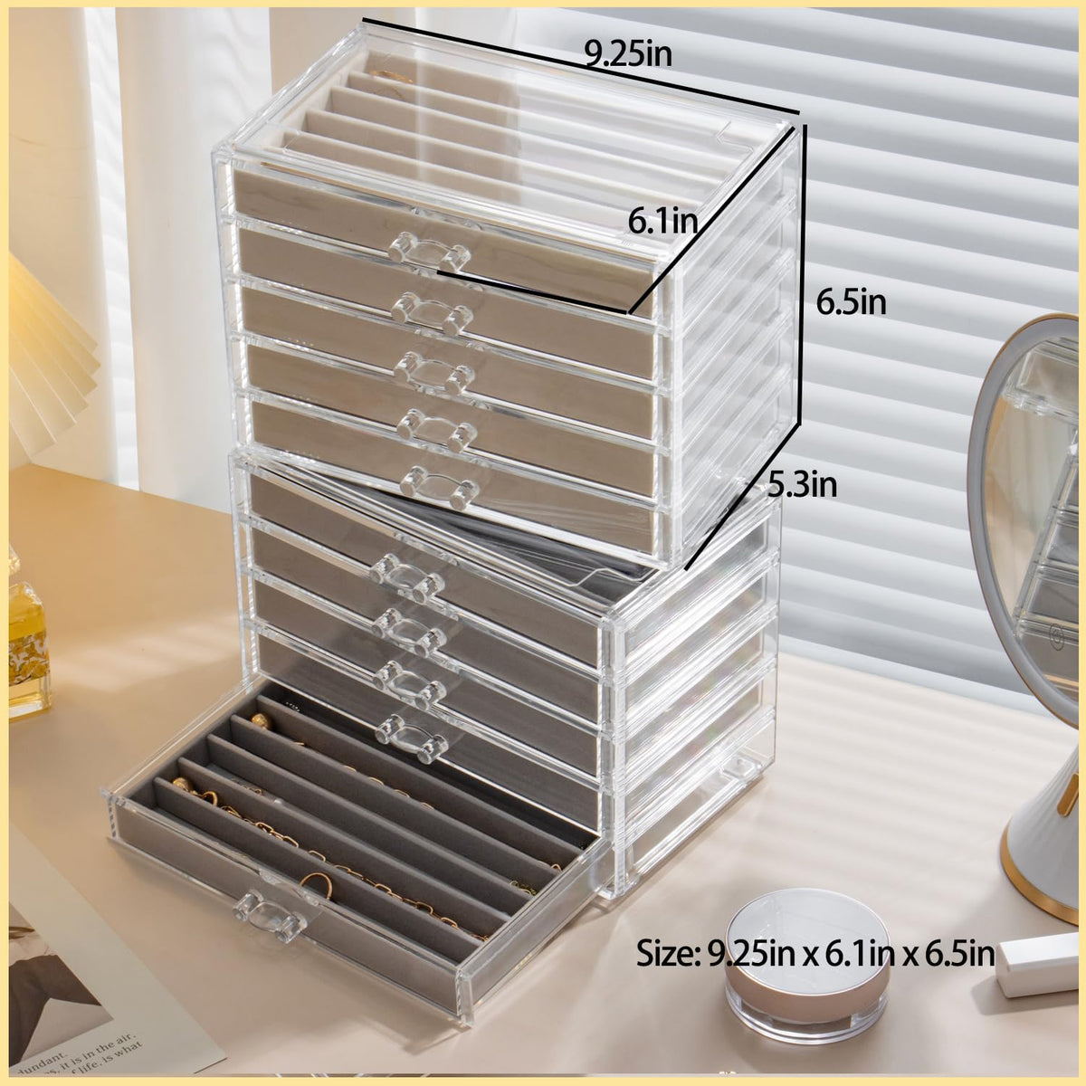 Necklace Organizer Box with 5 Drawers 30 Compartments, Dustproof Velvet Necklace Display Tray, Acrylic Necklaces Display Case, Pendant Chains Necklace Storage Tray Gift for Women and Girls (Grey)