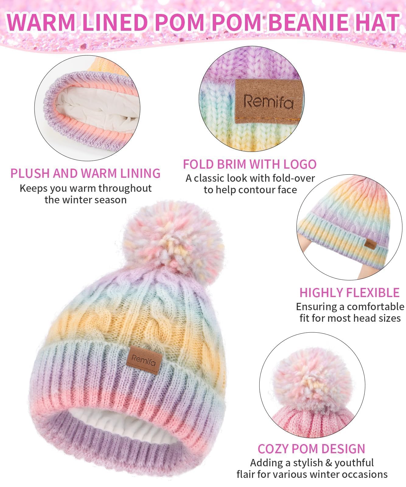 Kids Winter Hat Scarf Gloves Set, Girls Boys Toddler 8% Wool Warm Fleece Lined Pom Pom Beanie Hat Knit Neck Scarf Soft Thick Mittens Gloves for Cold Weather 3 In 1 Birthday Christmas Gift for Children