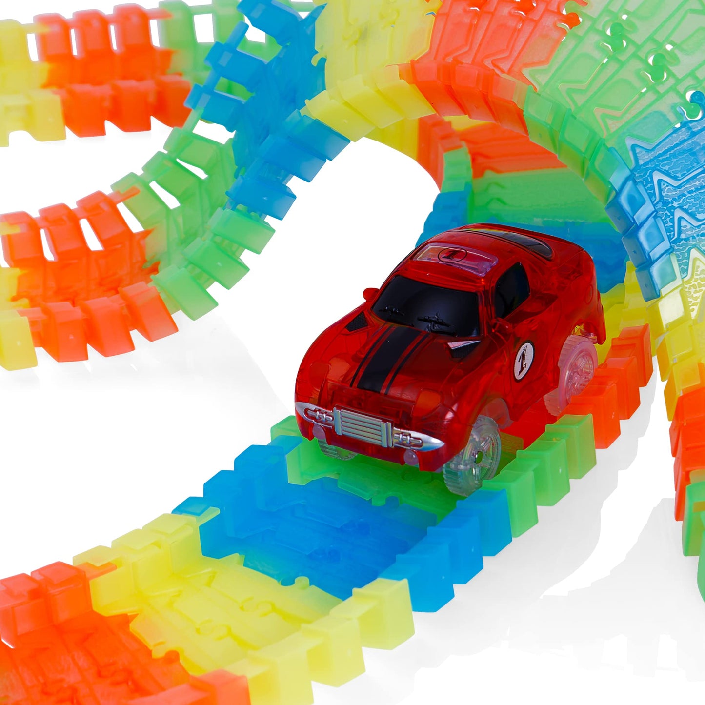 Create-A-Track Car Track Set - Race Track Toy With 220 Track Pieces & 2 Light Up Cars - Glow Tracks Racing Set For Boys or Girls