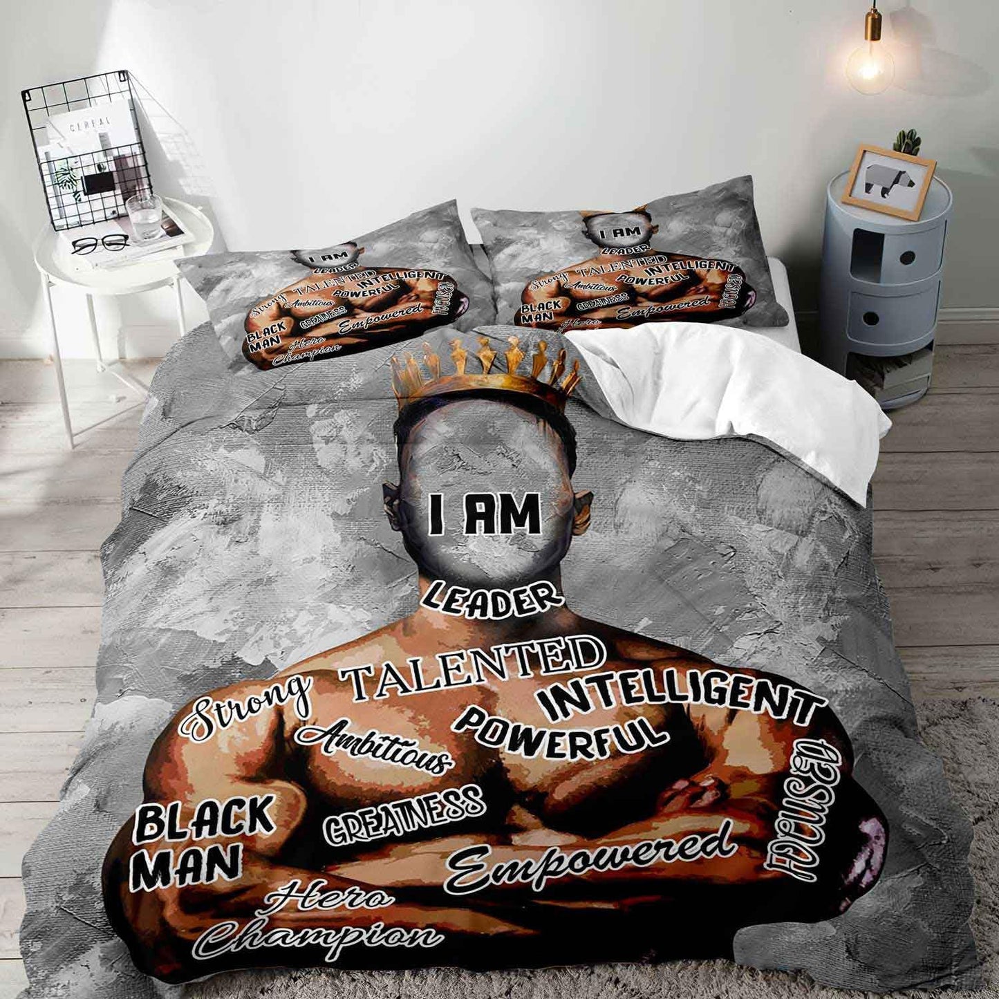LUVIVIHOME 3PCS African American Black Man Bedding Set, King Duvet Cover, Modern Abstract Afro Black King Grey Comforter Cover, Positive Inspirational Gifts for Men Boyfriend Husband, 2 Pillow Cases