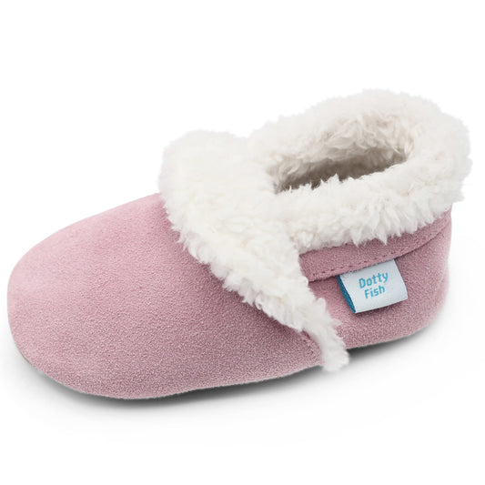 Dotty Fish Baby & Kids Suede Barefoot Slippers – Boys & Girls, 5 Styles, Non-Slip Soft Soles, Warm Fleece-Lined House Shoes, Elasticated Ankles, Podiatry Approved – Pale Pink 12-18 Months