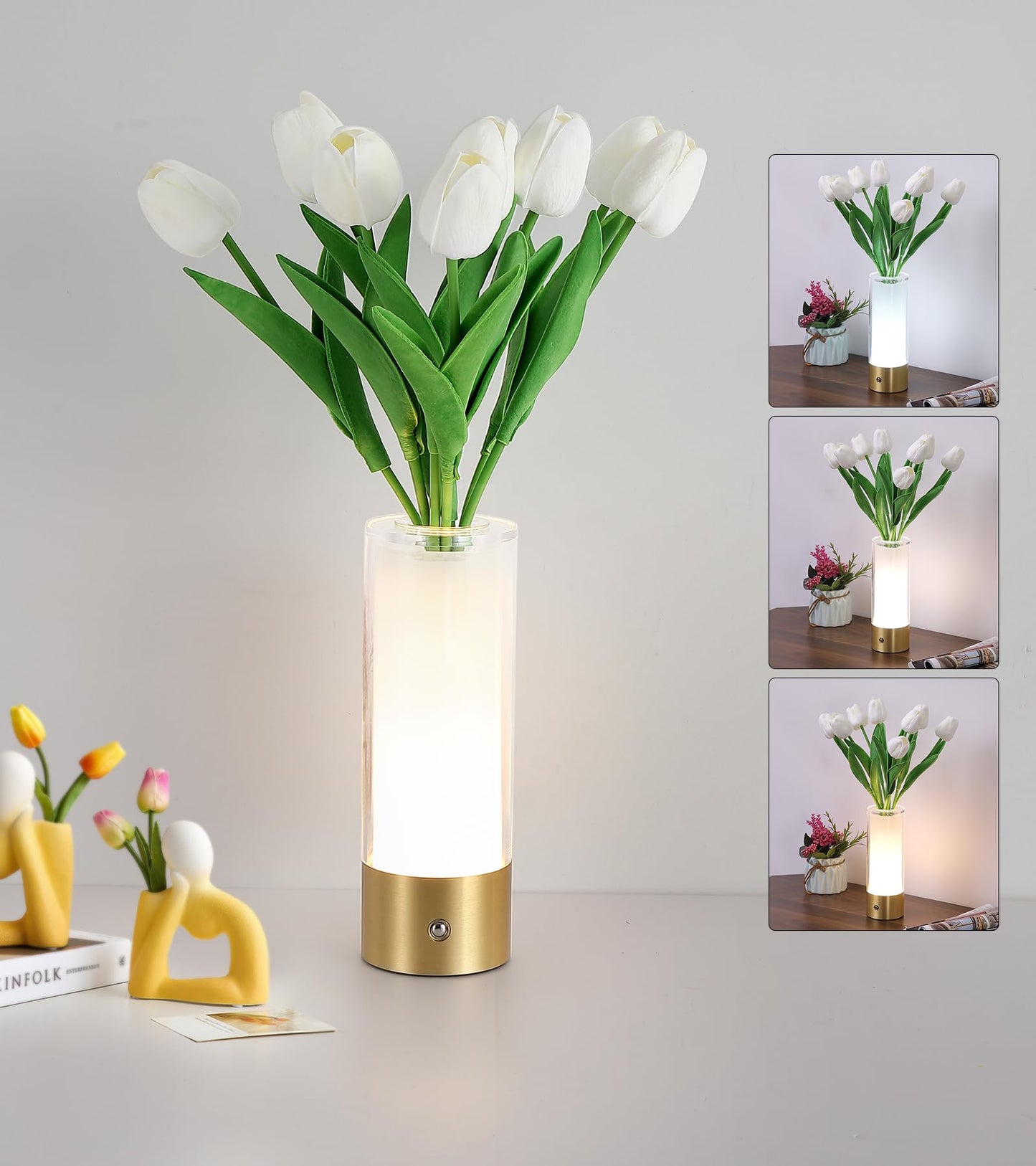 AIHYING Flower Night Light,Touch Vase Lamp,Rechargeable Cordless Table Lamp,Dimming Small Mood Lighting for Dining Table/Bed Room/Bathroom/Closet,Gifts for Women/Mom, Artificial Tulips Included