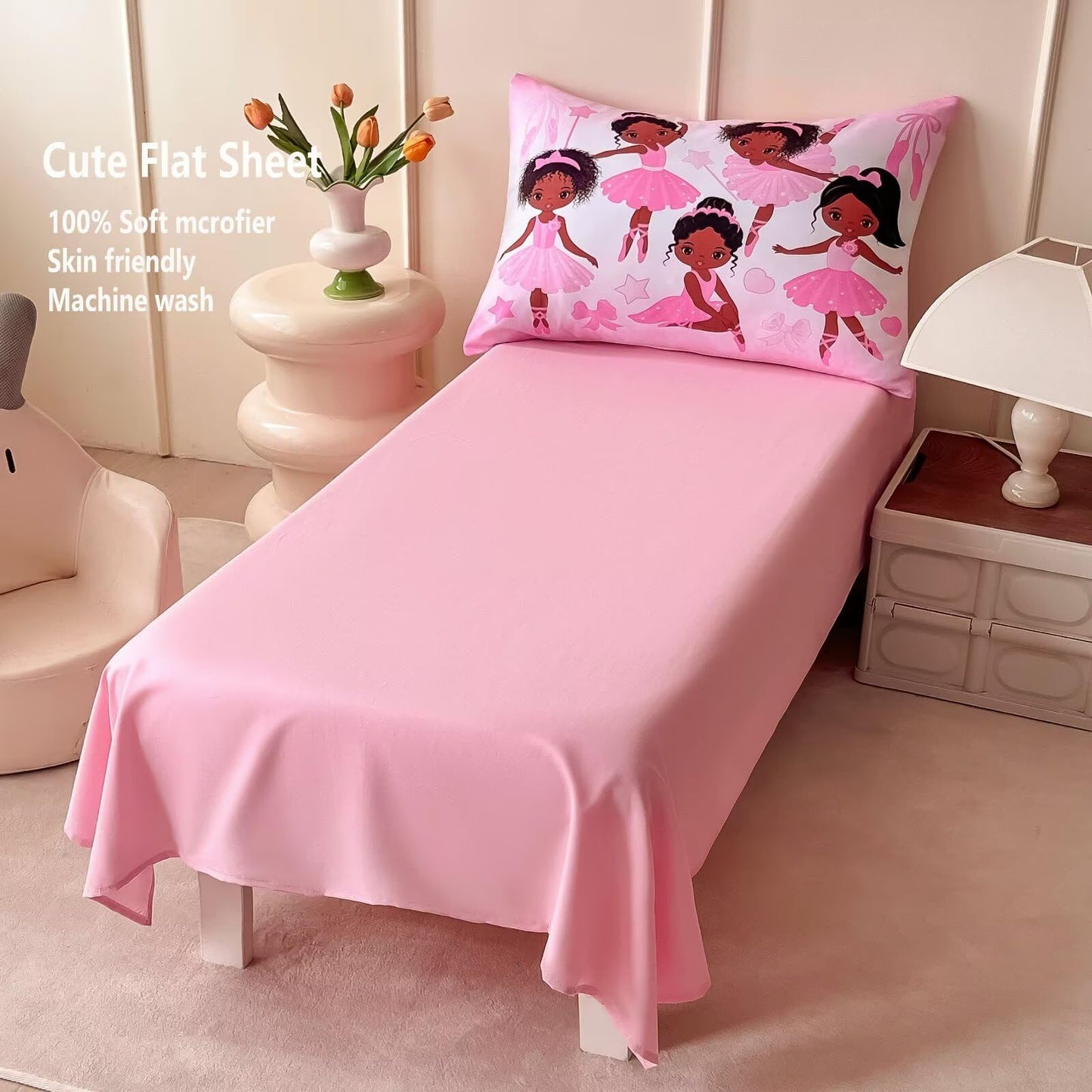 GRAT TIOC 4 Piece Toddler Bedding Set for Girls,Toddler Pink Ballerina Comforter Set,Dancer Princess Toddler Bed Comforter Set Includes Comforter, Flat Sheet,Fitted Sheet,Pillowcas