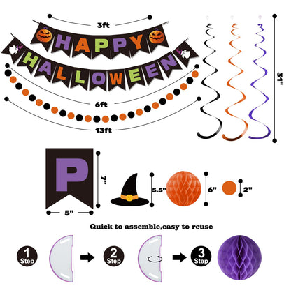 meowtastic Happy Halloween Banner Decorations - Halloween Banner with Honeycomb Ball, Hanging Swirl Streamer, Circle Dot Garland Decorations for theme Party Decorations