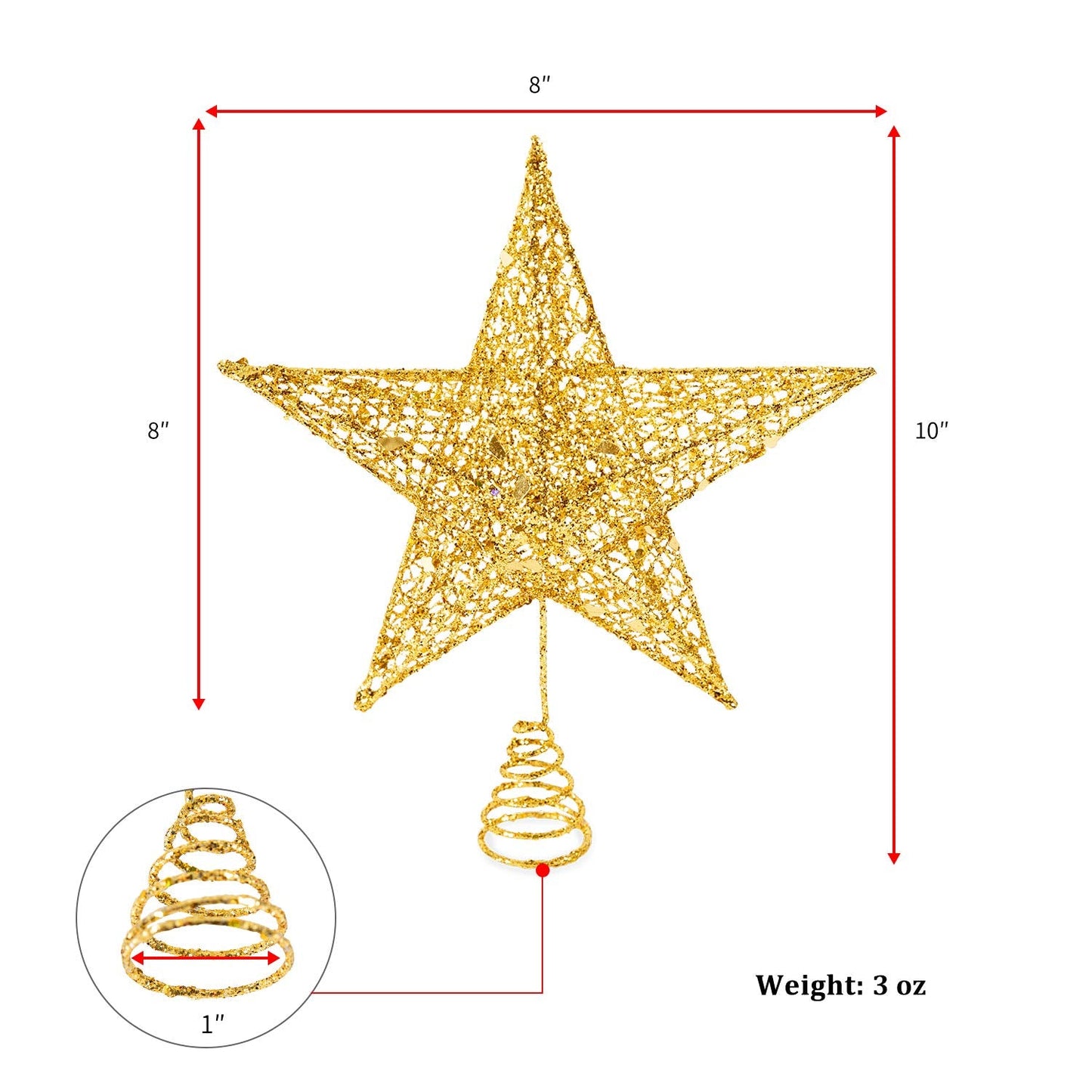 Glittered Christmas Tree Topper, 8 Inch Gold Glitter Christmas Tree Ornaments Metal Hollow Star for Christmas Tree Home Decoration for Home Xmas Holiday Party