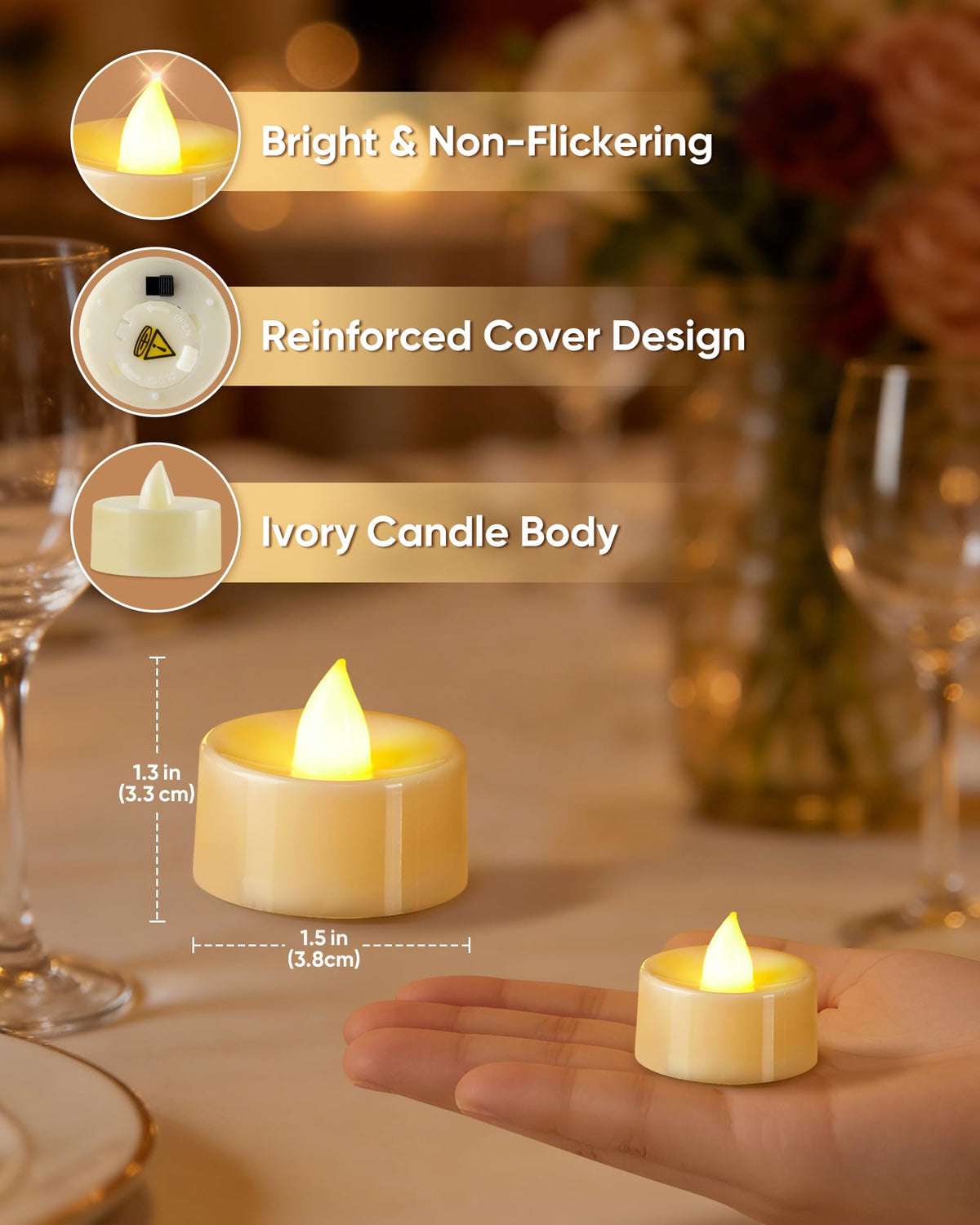 BEICHI Flameless Candles, 100 Pack Tea Lights Battery Operated, No Flickering Votive Candles LED Tea Lights for Halloween Christmas Wedding Home- Warm White, Ivory Base