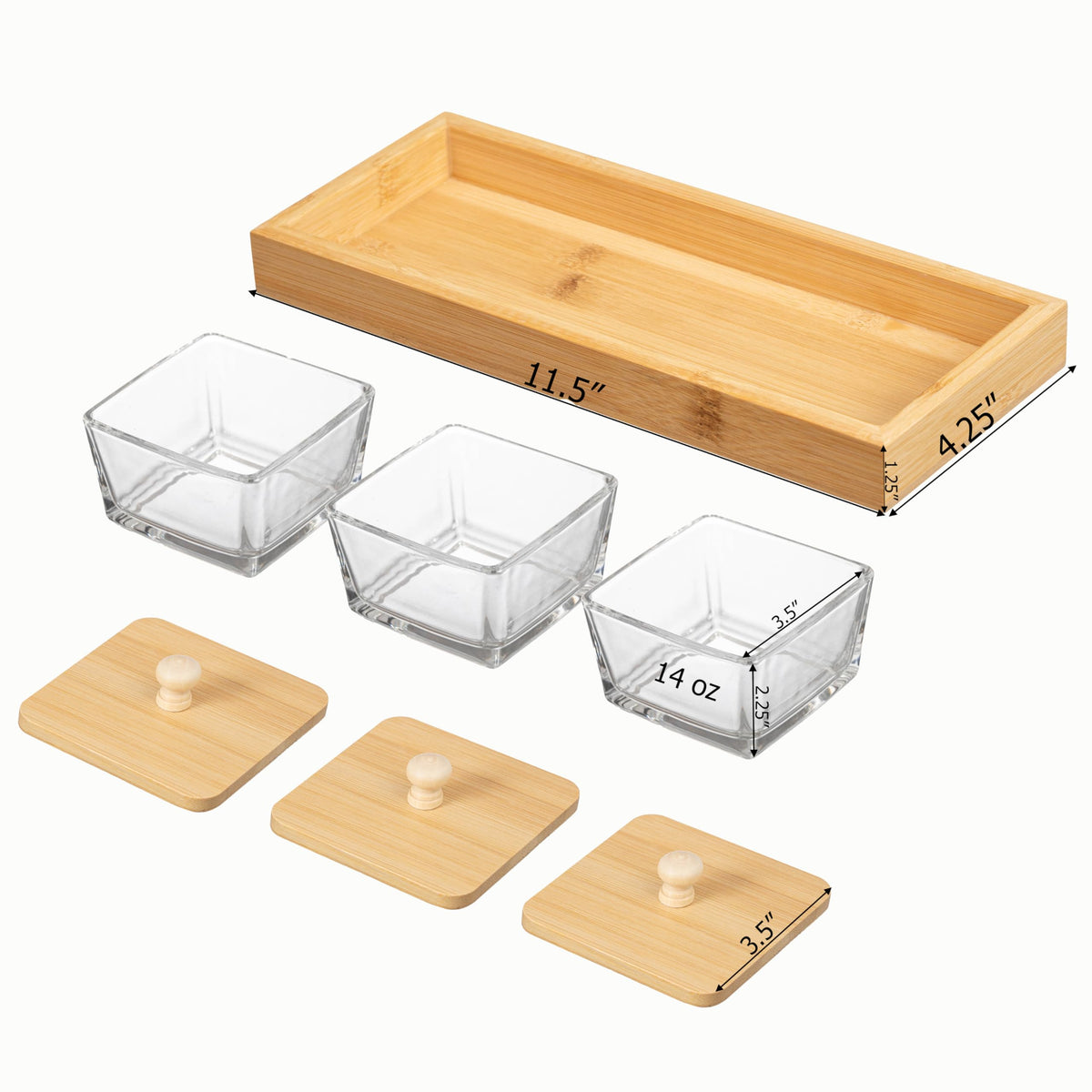 Basicwise Set of 3 Square Glass Jars with Bamboo Lids and Wooden Tray – Rectangular Charcuterie, Snack Organizer and Fruit Platter for Party, Candy Jars, Cookies, Nuts, Fruits and Snack Box